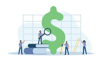 Man standing on top of stack of books, looking up at dollar sign through a magnifying glass. Symbolizes the pursuit of knowledge and wealth, and importance of hard work. Vector illustration