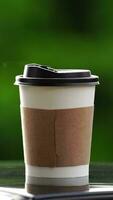 café para llevar en un papel taza en parte superior de el coche techo verde árbol antecedentes a amanecer en el mañana, selectivo enfocar, suave enfocar. video