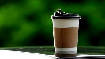 Kaffee wegbringen im ein Papier Tasse auf oben von das Auto Dach Grün Baum Hintergrund beim Sonnenaufgang im das Morgen, selektiv Fokus, Sanft Fokus. video