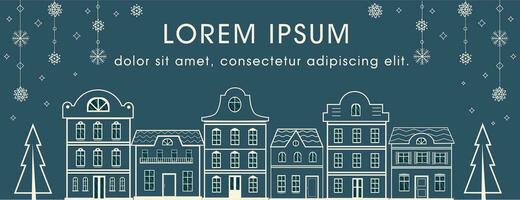 Template with row of houses lineart drawing. Horizontal banner with european city landscape. Scandinavian architecture. Buildings skyline. Vector illustration.