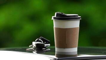 café para llevar en un papel taza en parte superior de el coche techo verde árbol antecedentes a amanecer en el mañana, selectivo enfocar, suave enfocar. video