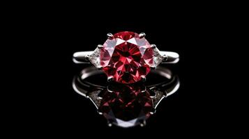 Exquisite engagement ring with a large red cushion-cut diamond or ruby. White gold or platinum. On black background with reflection. Luxurious brilliant diamond jewelry. Brochure AI generated photo