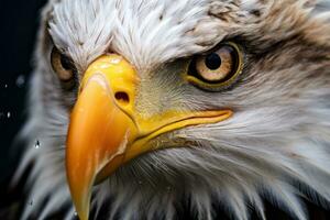 Eagle with keen gaze macro. Wild bird. Close-up of a bald eagle's intense gaze, showcasing its sharp, beady eyes and distinctive plumage. Design for cover, stationery, AI generated photo