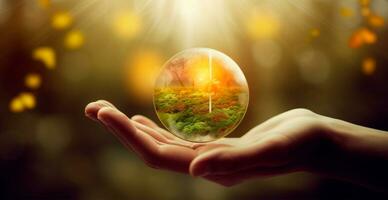 Hands holding the globe, caring about the environment - AI generated image photo