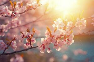 Spring blossom background. Nature scene with blooming tree and sun flare. Generative AI photo