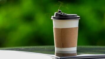 café para llevar en un papel taza en parte superior de el coche techo verde árbol antecedentes a amanecer en el mañana, selectivo enfocar, suave enfocar. foto