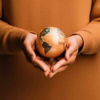 A man holds a globe in his hands - AI generated image photo