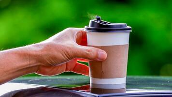 café para llevar en un papel taza en parte superior de el coche techo verde árbol antecedentes a amanecer en el mañana, selectivo enfocar, suave enfocar. foto