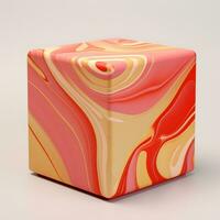 cube with abstract yellow and red liquid pattern on white background AI Generative photo