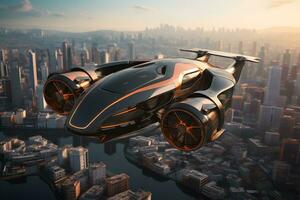 Drone flying above the city future technology concept AI Generative photo