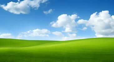 verde campo y azul cielo con blanco nubes ai generativo foto
