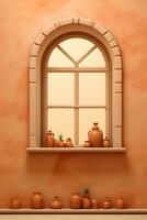 clay pots on the shelf in front of the window AI Generative photo