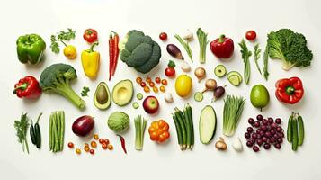 Flat Lay Photo of Various Vegetables and Fruits on the White Background, Healthy Life Concept