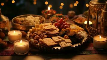 delicioso diwali delicias un formación de festivo comidas y meriendas a celebrar el jubiloso ocasión foto