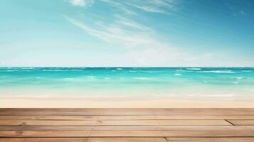 Seaside Product Showcase. An empty wooden table against a stunning beach backdrop in daylight photo