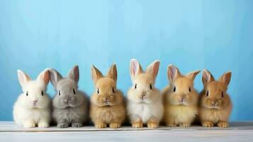 un encantador grupo de linda conejos en contra un minimalista fondo foto