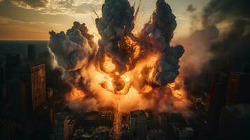 Aerial view of big explosion in city at sunset. Global catastrophe AI Generative photo