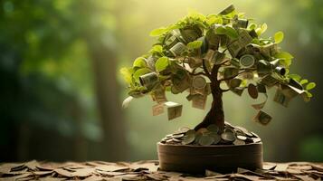 Money Blossoms. Tree Flourishing on a Pile of Cash for Investment and Financial Growth Concepts photo