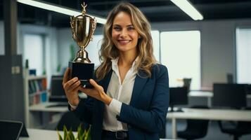 un orgulloso mujer empleado sostiene su oficina logro trofeo, inspirador excelencia a trabajo foto