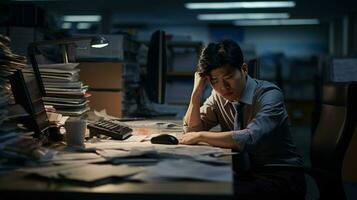 realista representación. asiático oficina trabajador experimentando lugar de trabajo estrés y emocional presion foto