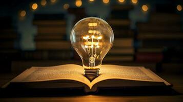 Book gives Ideas. Light bulb on an open book symbolizes inspiration. Ideal for creative concepts photo