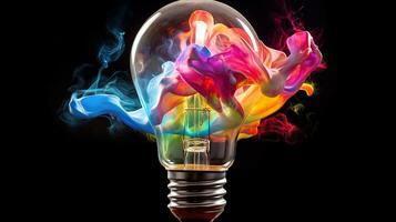 Vibrant explosion. Bursting light bulb creates a colorful masterpiece. Perfect for creative concepts photo