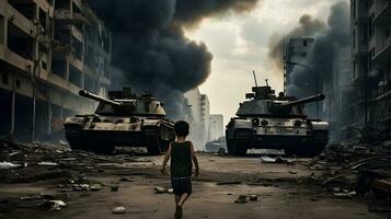 Child standing in front of a destroyed tank in the middle of the city AI Generative photo