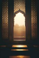 silueta de un ventana en un mezquita en el temprano Mañana ai generativo foto