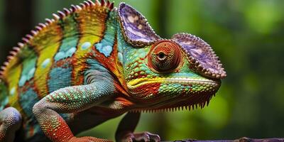 A colorful close up chameleon with a high crest on its head. Generative AI photo