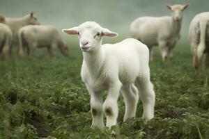 White lamb in a field in front of other animals. Generative AI photo