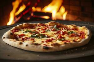 Freshly baked pizza closeup, traditional wood fired oven background. AI Generated photo