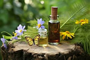 Glass Bottle of herbal essential extract, butterfly, and wildflowers on a tree stump. AI Generated photo