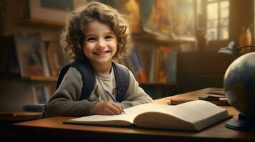 Happy Kid Studying at Home. Capturing the Joy of Focused Learning and Childhood Success photo