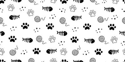 Cat toy, fooprint pattern seamless. Hand drawn sketch doodle kitty cute element on white background. Fish bone, footprint, cat toy element. Pet veterinary pattern. Vector