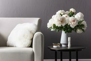 Vase of white peonies with coffee table and armchair near grey wall. Generative AI photo