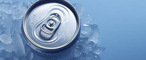 Top of drink tin can iced submerged in frost ice, metal aluminum beverage. Generative AI photo