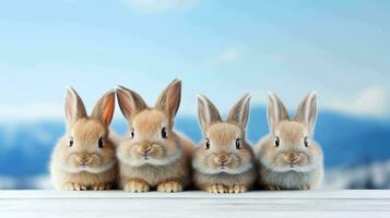 un encantador grupo de linda conejos en contra un minimalista fondo foto