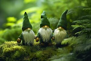 Toy Irish gnomes in a mystery forest, abstract green natural background. Generative AI photo