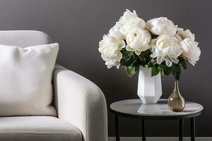 Vase of white peonies with coffee table and armchair near grey wall. Generative AI photo