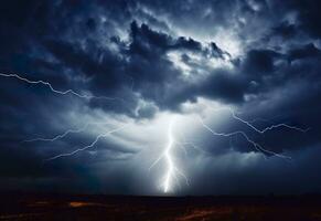 relámpago huelgas en un nublado dramático Tormentoso cielo. ai generado foto