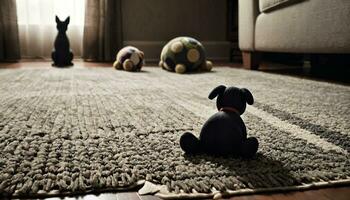 Stuffed Toys and Dog Pet on Carpet Moody Theme AI Generated photo