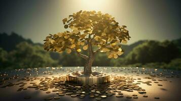 financiero crecimiento en naturaleza. árbol prospera en un cama de monedas ideal para inversión conceptos foto