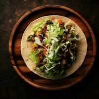 AI Generated taco on wooden plate photo