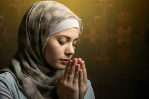 Muslim woman praying with her hands clasped together and eyes closed AI Generative photo