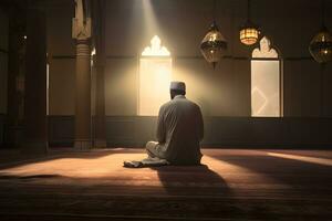 Muslim man praying in the mosque AI Generative photo