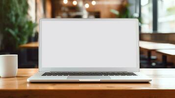 Modern laptop with blank white screen on the table photo