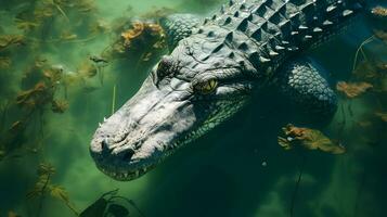 Closeup view crocodile in the water AI Generative photo