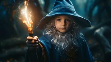 pequeño chico en un mago disfraz con un magia varita mágica en su mano ai generativo foto