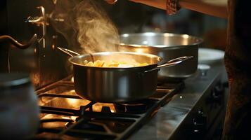 pot with food on the fire stove in the restaurant kitchen at night AI Generative photo