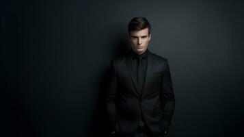 Handsome young man in a black suit on a dark background AI Generative photo